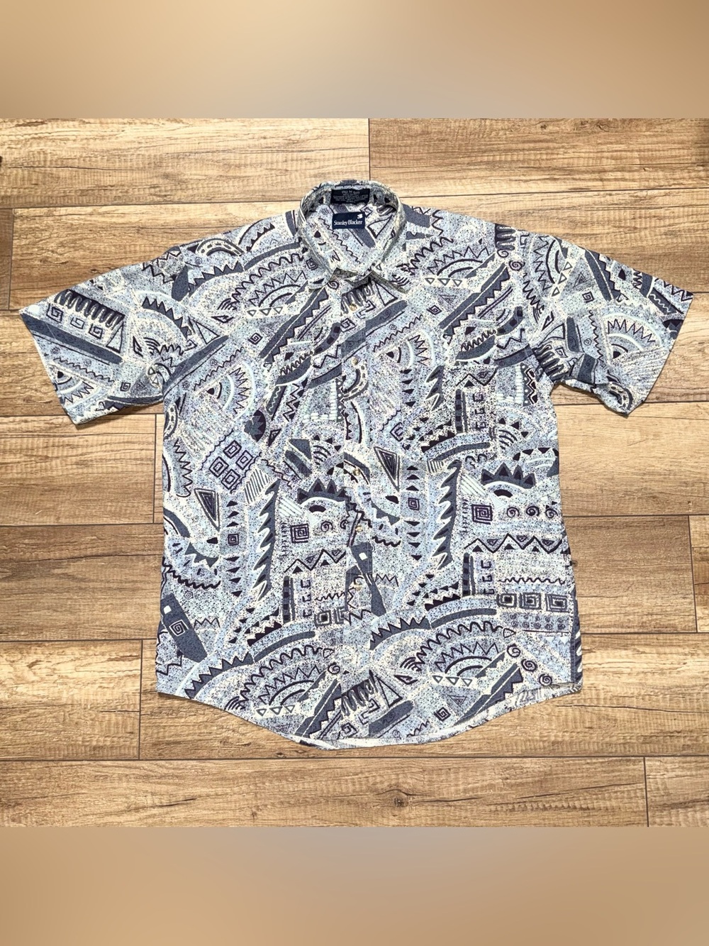 Vintage 90s Stanley Blacker Aztec Symbols Print Rare Button Up Shirt Mens M